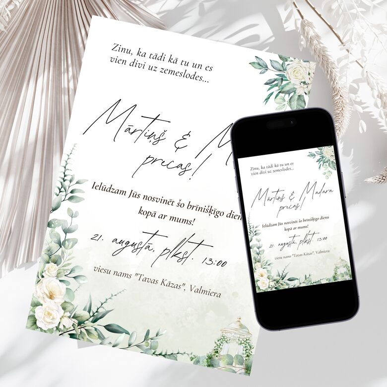 Digitāls kāzu ielūgums zaļos toņos ar ziedu un lapu motīviem